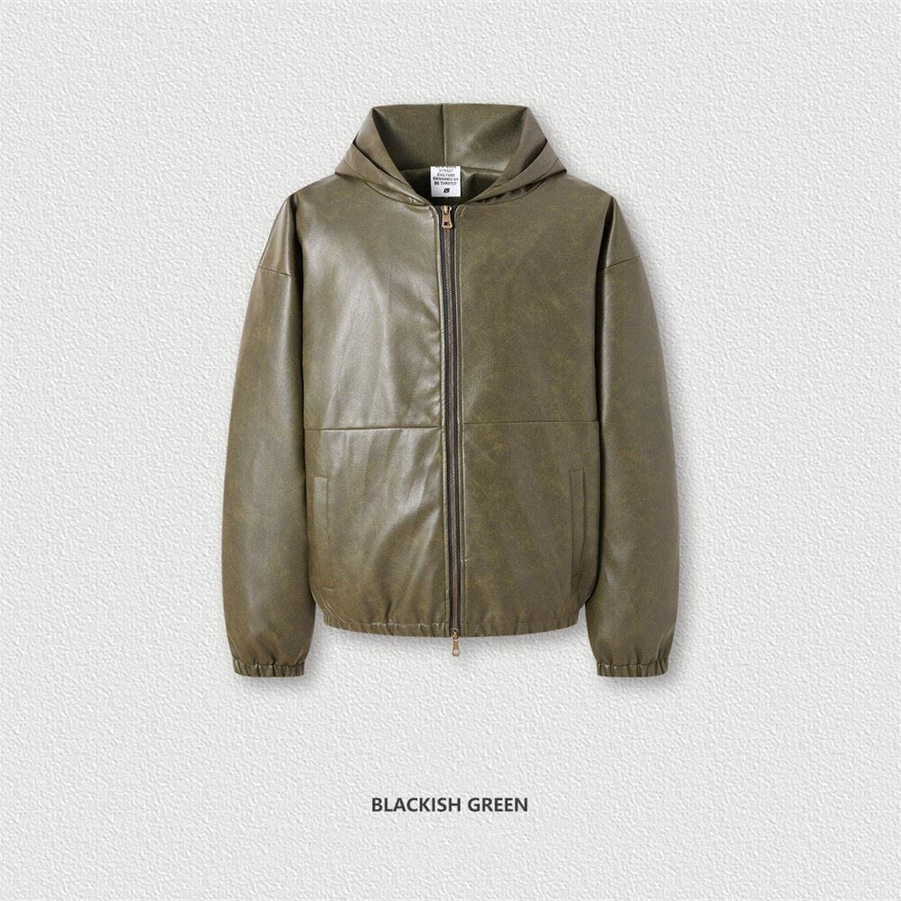 ZODF Loose Oversized High Street Cotton Padded Hooded Zipper PU Leather Jackets