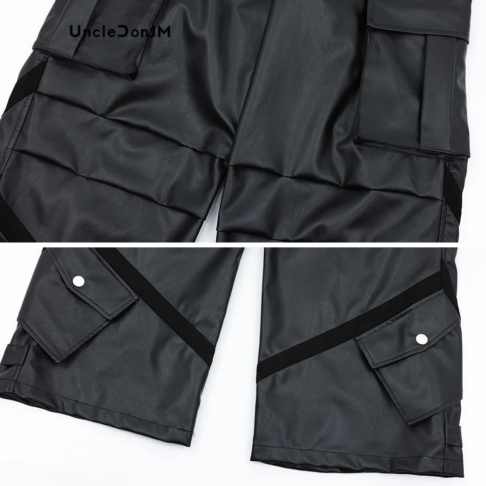 UNCLEDONJM Thickened High Street Pleated Baggy Leather Pants
