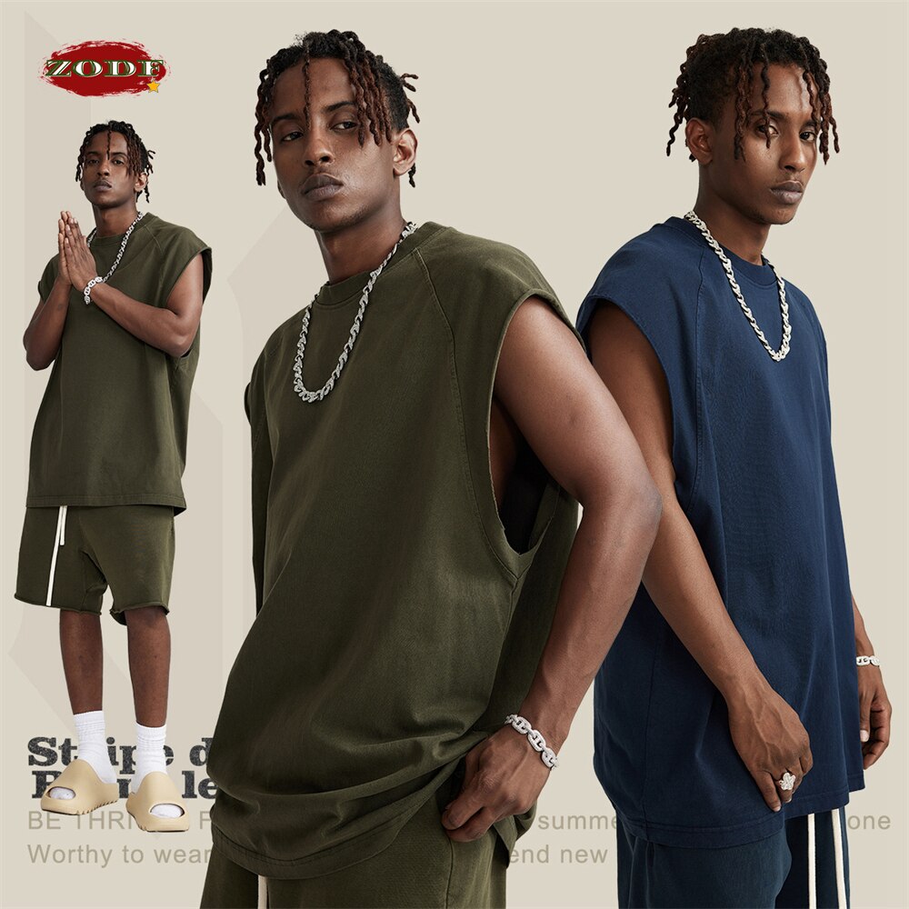 ZODF American Retro Men Washed Solid Loose Edge Sleeveless T-shirt