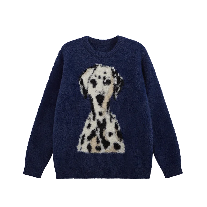 Loose Fit Crewneck Spotted Dog Jacquard Knitted Sweater