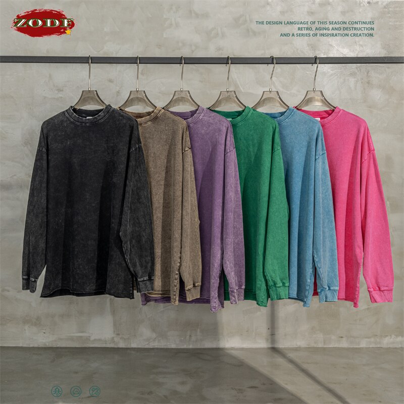 ZODF Washed Terry Cotton Long Sleeve Oversized Loose Edge T-Shirt