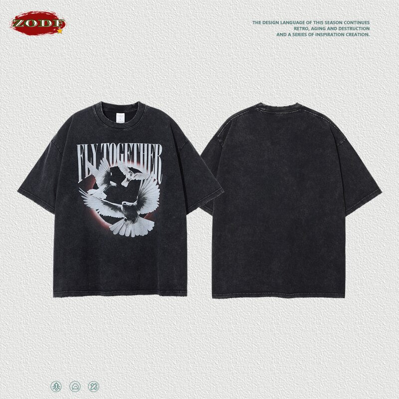ZODF Washed Cotton Street Pigeon Printing Distressed T-shirt