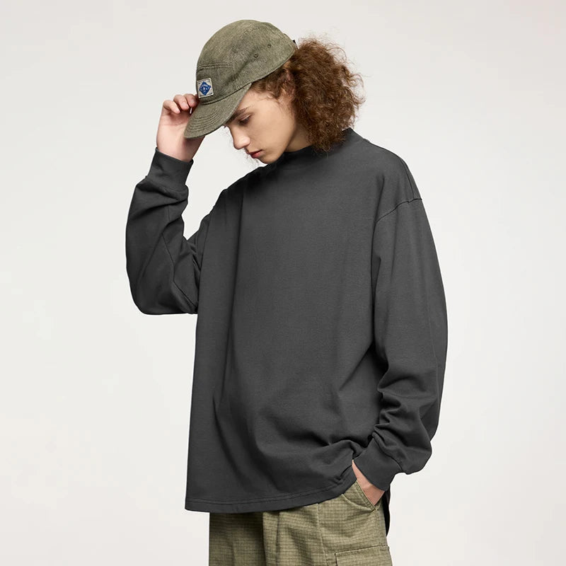 Oversized Long-sleeved Mock Neck Cotton Sweat-shirt