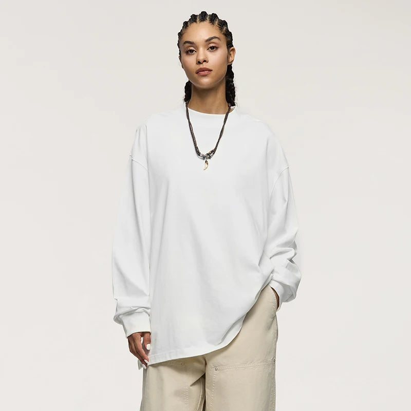 Oversized Long-sleeved Mock Neck Cotton Sweat-shirt