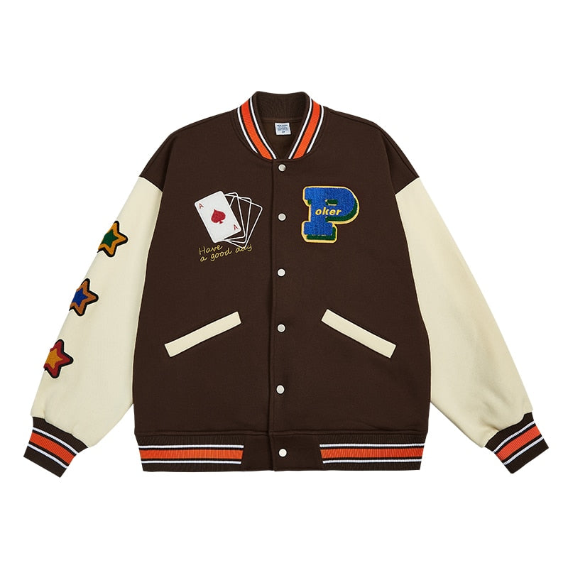 Poker Towel Embroidery Fleece Bomber Jacket