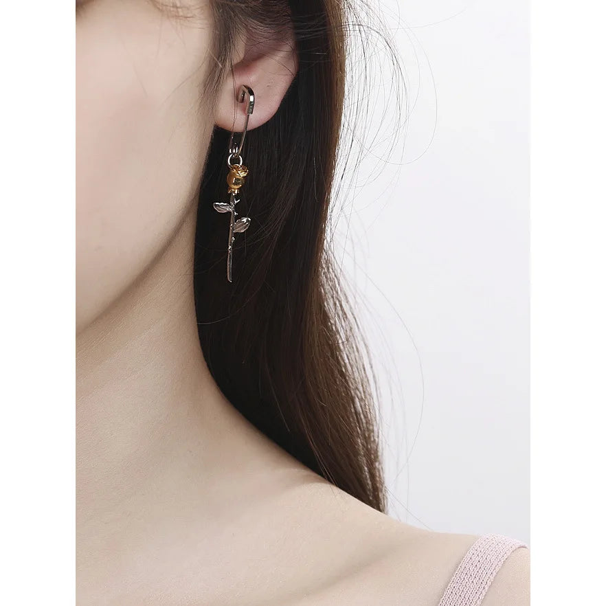 One Piece Single Rose Pin Drop Earrings