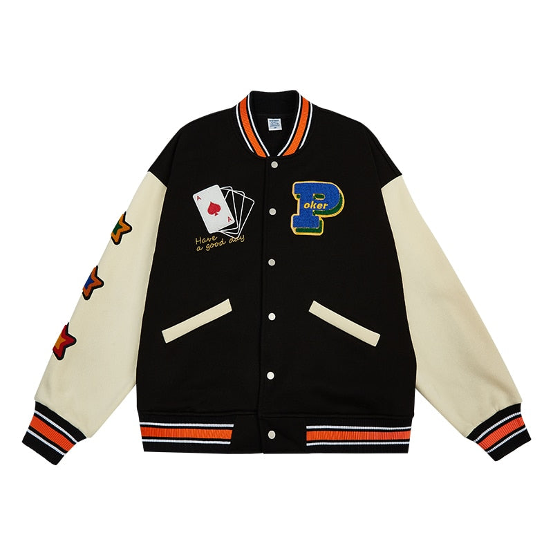 Poker Towel Embroidery Fleece Bomber Jacket