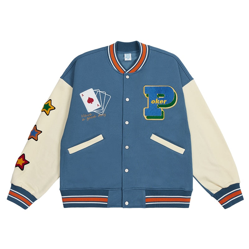 Poker Towel Embroidery Fleece Bomber Jacket