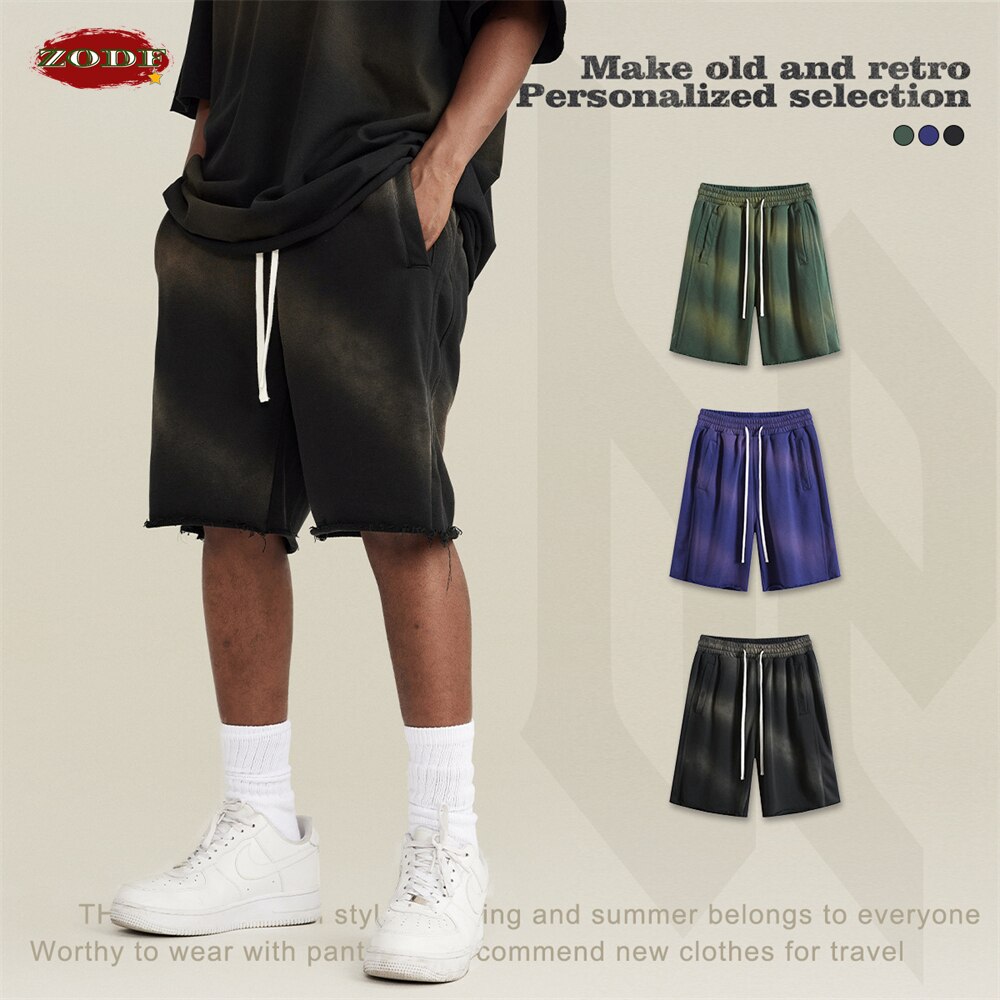 ZODF Retro Summer Men Monkey Washed Loose Edge Drawstring Shorts