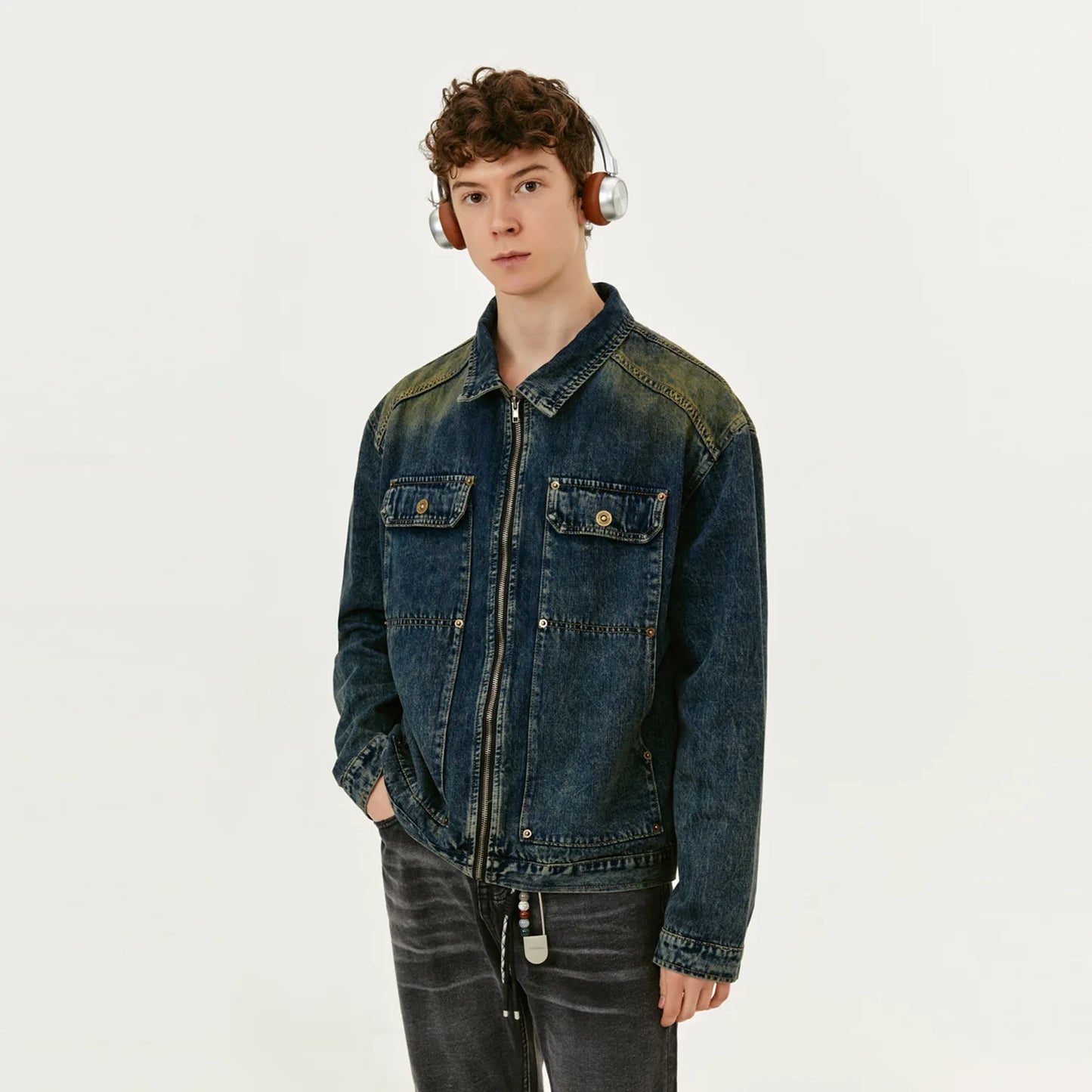 MADEEXTREME Washed Distressed Faded Denim Jacket