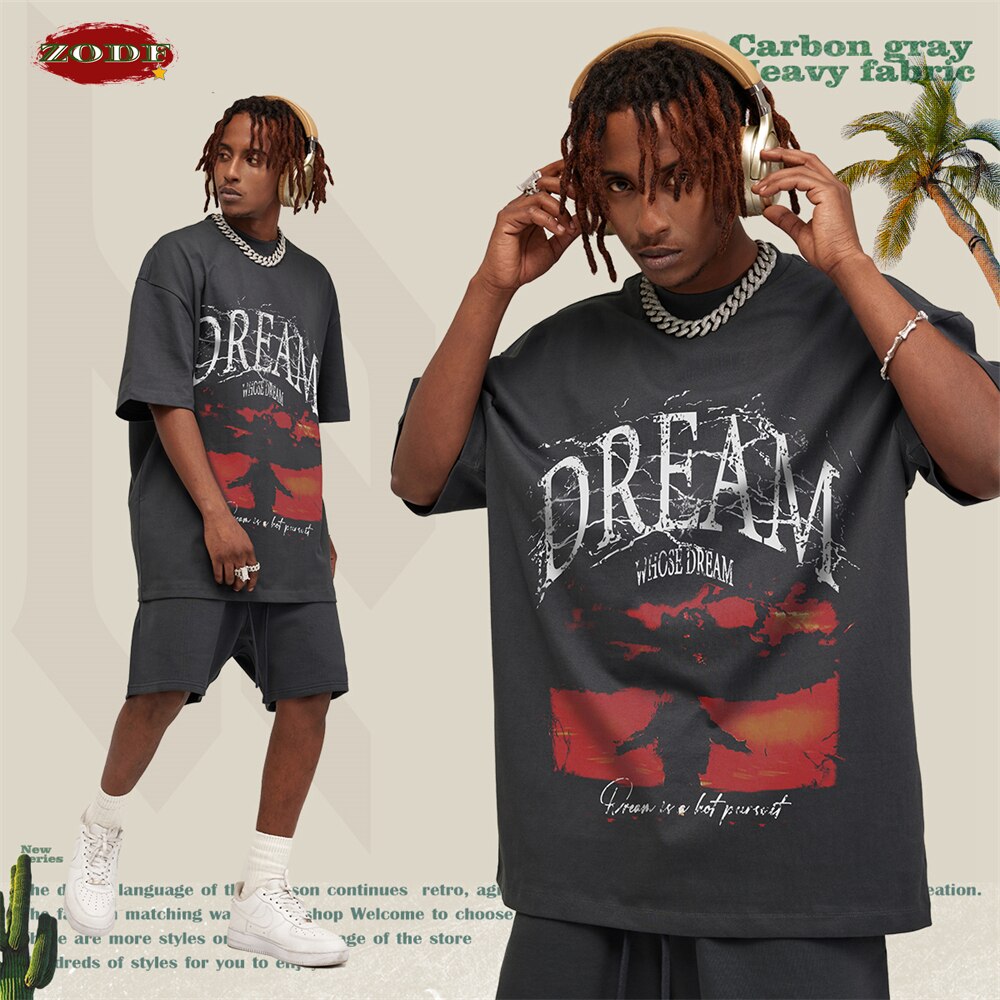 Dream 305gsm T Shirts Heavyweight Sunset Printing O Neck Short Sleeve T-shirt