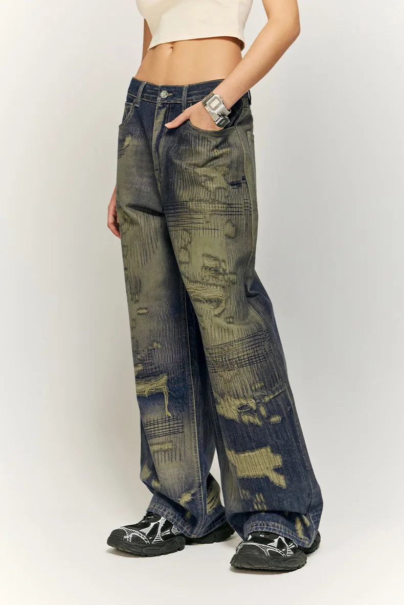 Water Ripped Digital Printing Jeans