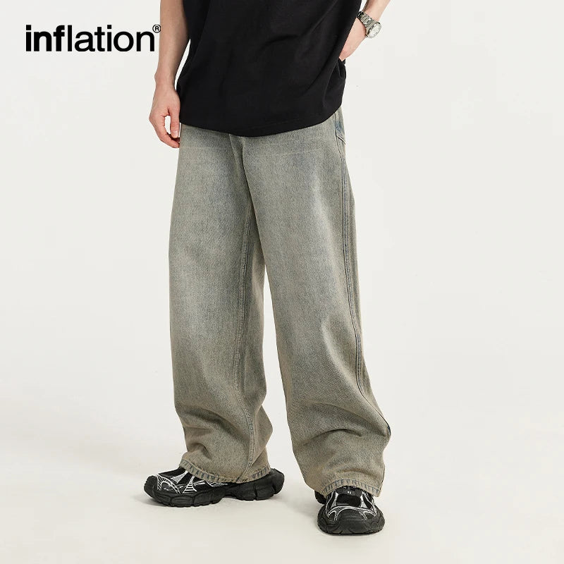 INFLATION Irregular Stitching Washed Wide Leg Oversized Denim Jeans