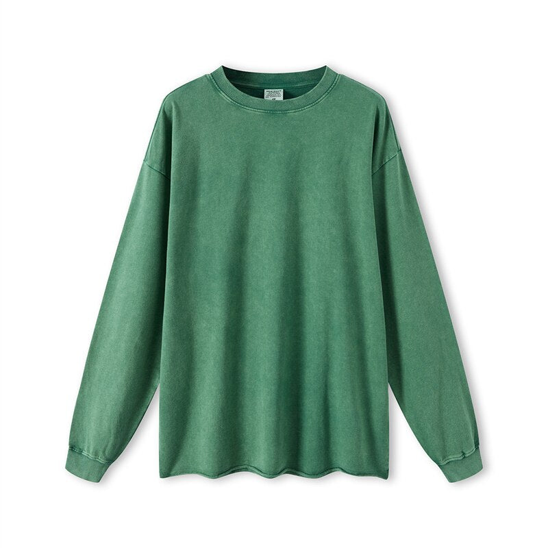 ZODF Washed Terry Cotton Long Sleeve Oversized Loose Edge T-Shirt