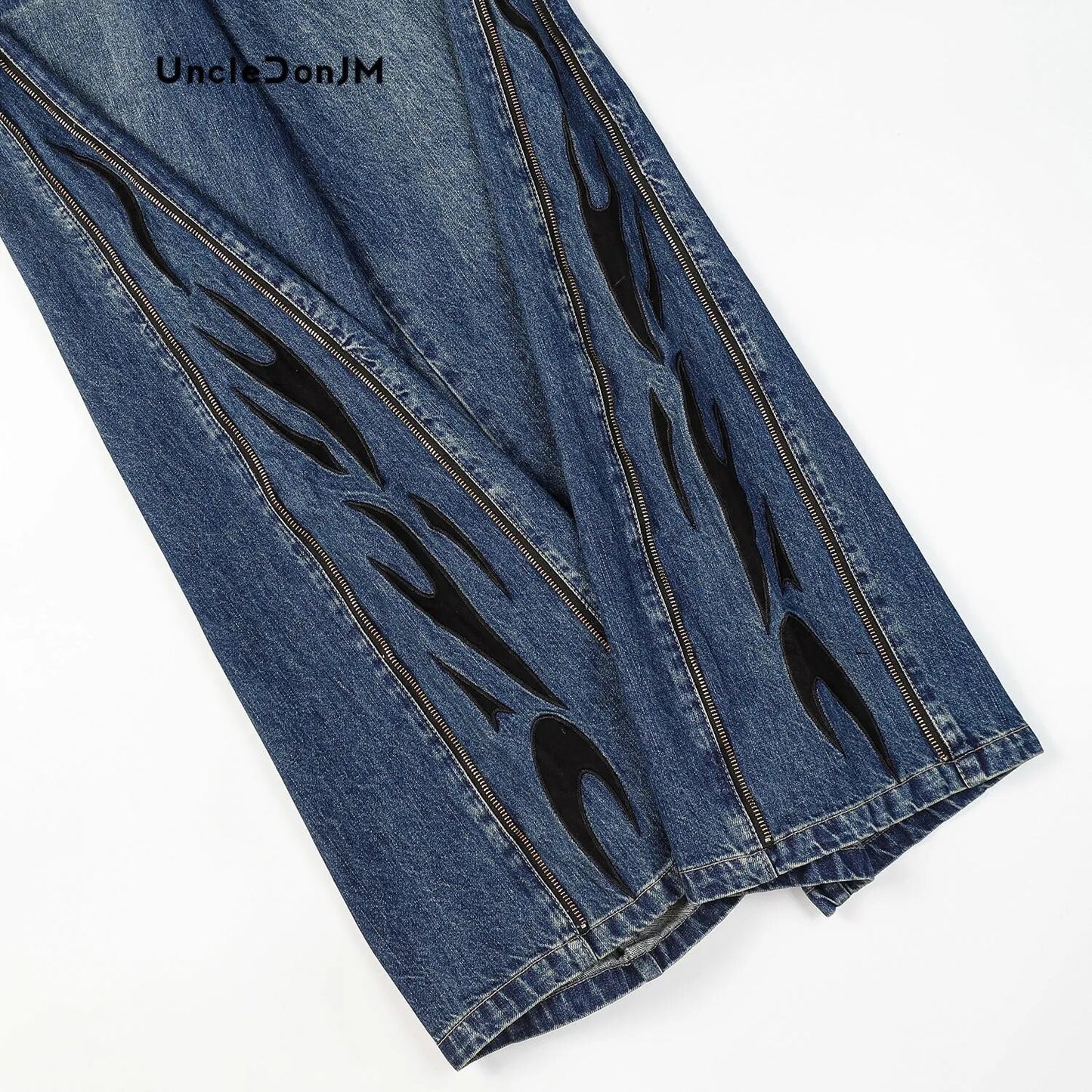 Side Zipper Embroidery Flame Baggy Jeans