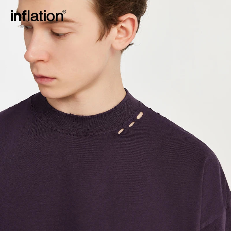 INFLATION Respect Frayed Embroidery Oversized Mock Neck Half Sleeve T-shirt