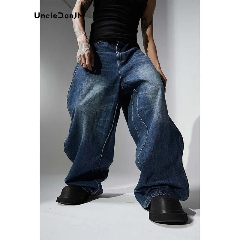 Loose Mopping Design Twisted Wavy Washed Baggy Jeans
