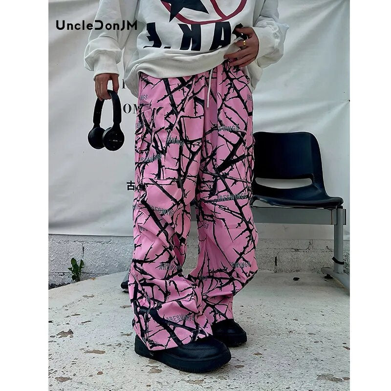 Pink Thorn Branch Printed Camouflage Cargo Pants
