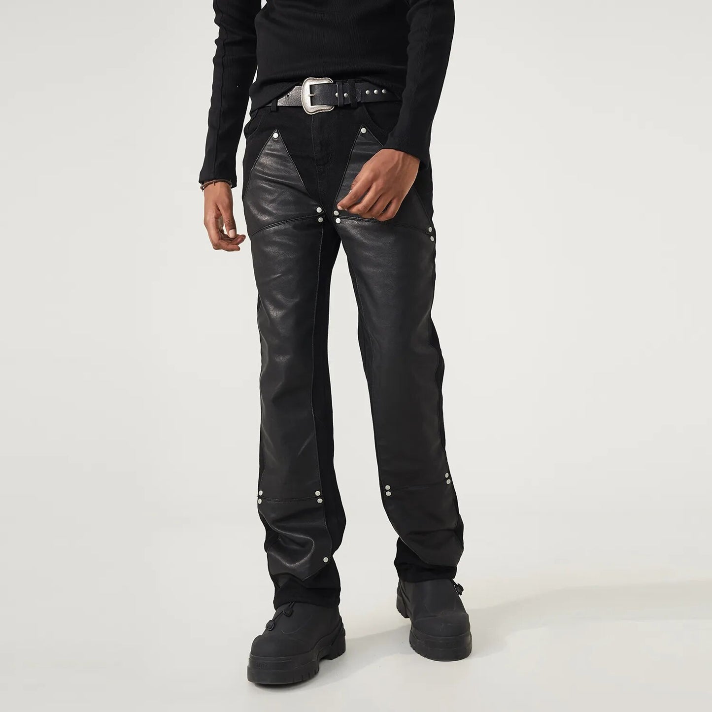 R69 Black PU leather stitching jeans