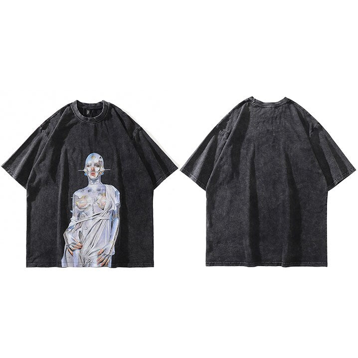 Retro Washed Black Robot Graphic Cotton Oversize T-shirt