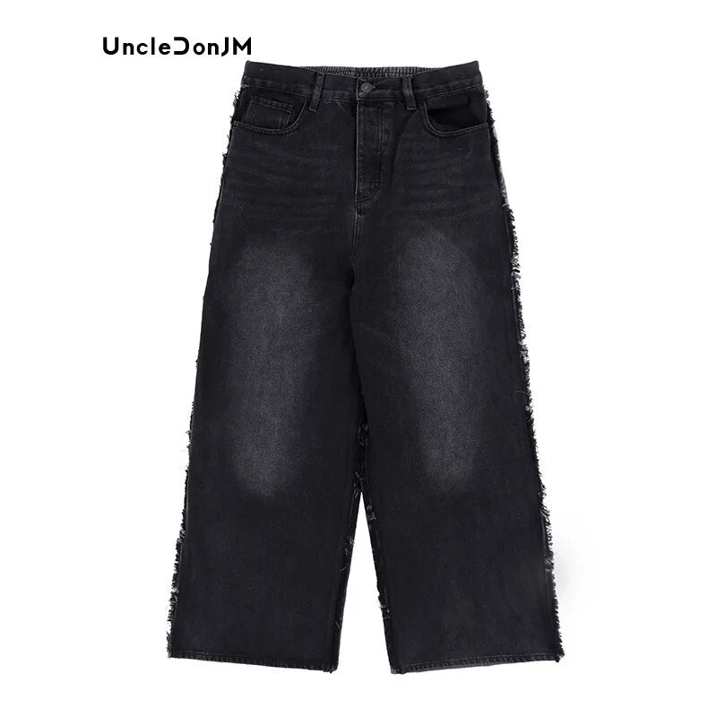 Heavy Weight Frayed Distressed Paneled Wide Leg Distressed Baggy Jeans
