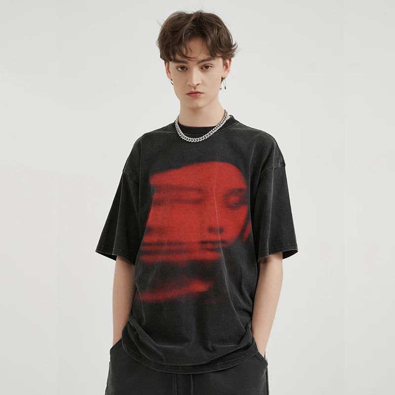 Red Fading Face Graphic Washed Oversized T-shirt