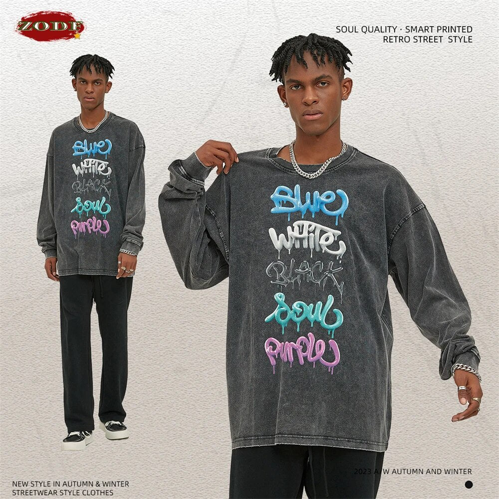 ZODF Washed Long Sleeve Letter Graphic Cotton T-Shirt