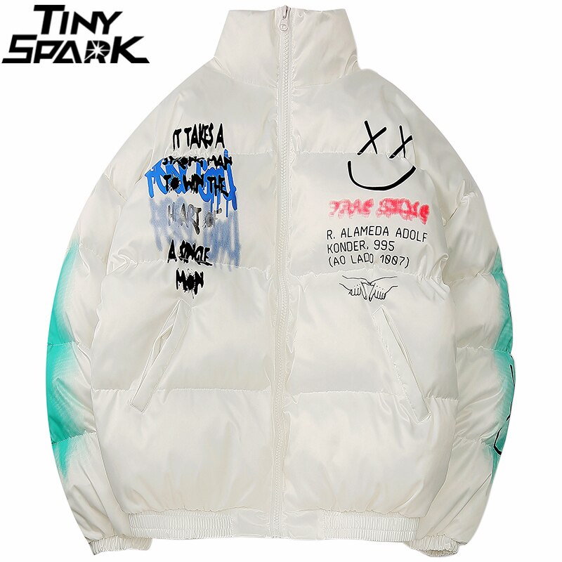 Happy Graffiti Print Windbreaker Padded Jacket