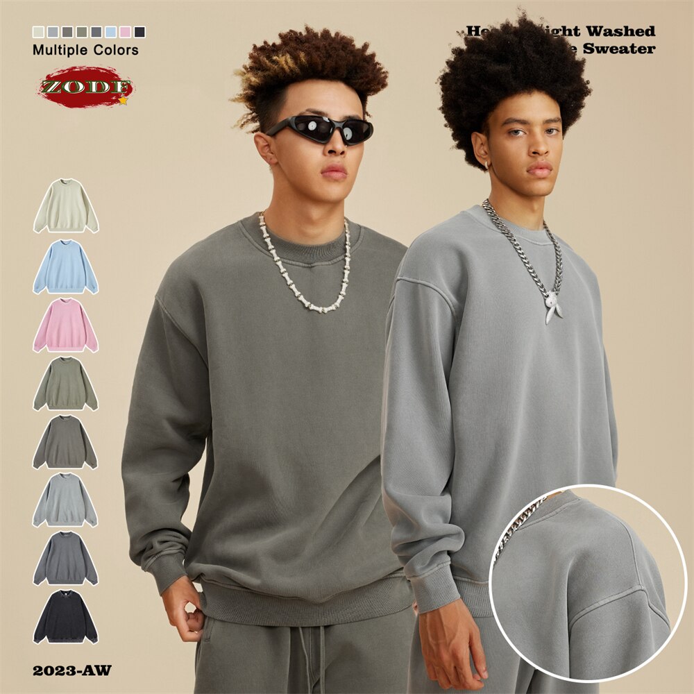 ZODF Washed Oversized Solid O-Neck Fleece Sweatshirts