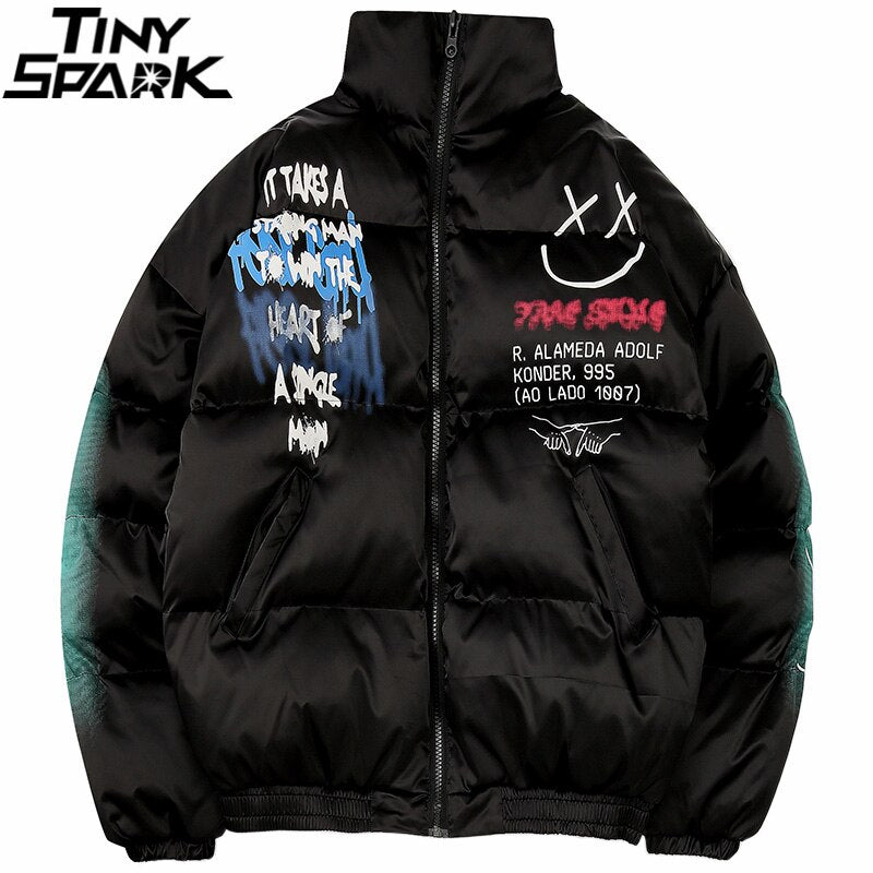 Happy Graffiti Print Windbreaker Padded Jacket