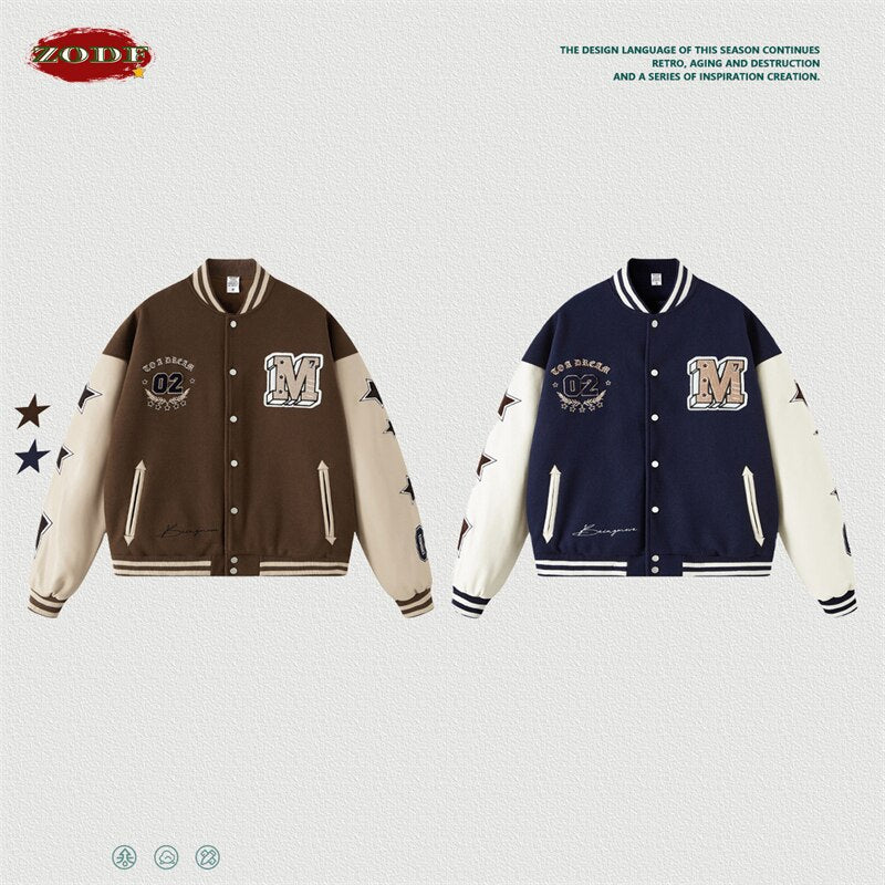 All Star Loose PU Leather Sleeve Embroidery Bomber Jacket