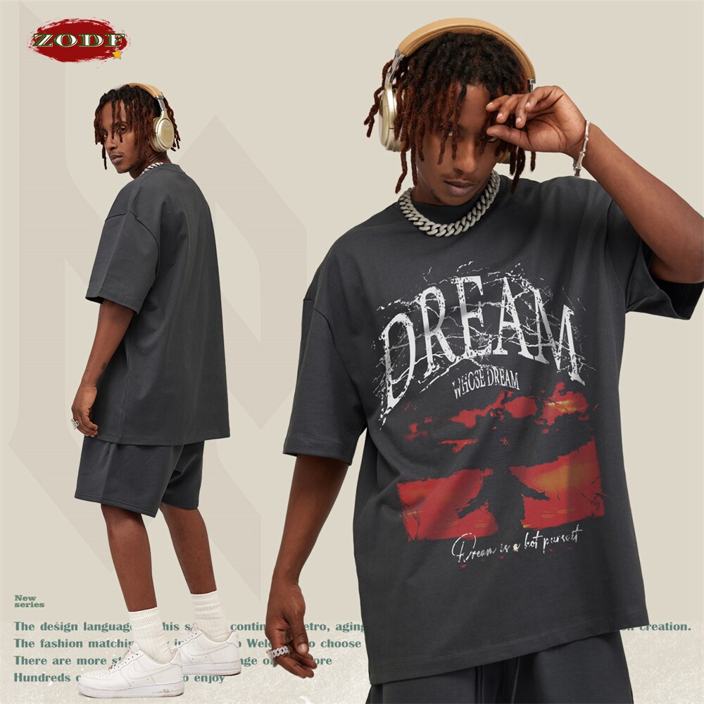 Dream 305gsm T Shirts Heavyweight Sunset Printing O Neck Short Sleeve T-shirt