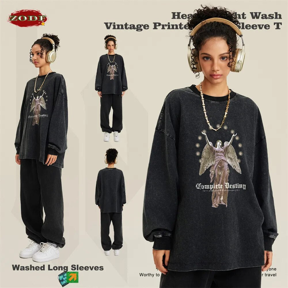 ZODF Angel Graphic Long Sleeve Washed Cotton T-Shirt