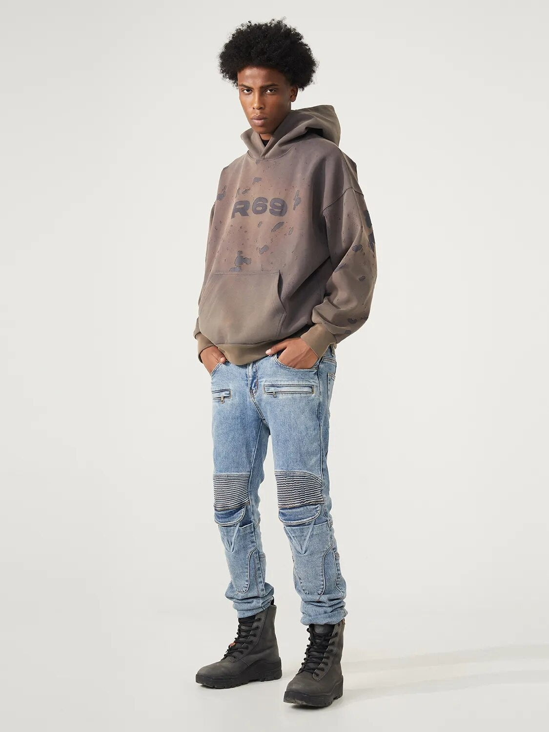 R69 Retro washed letter printing hoodie
