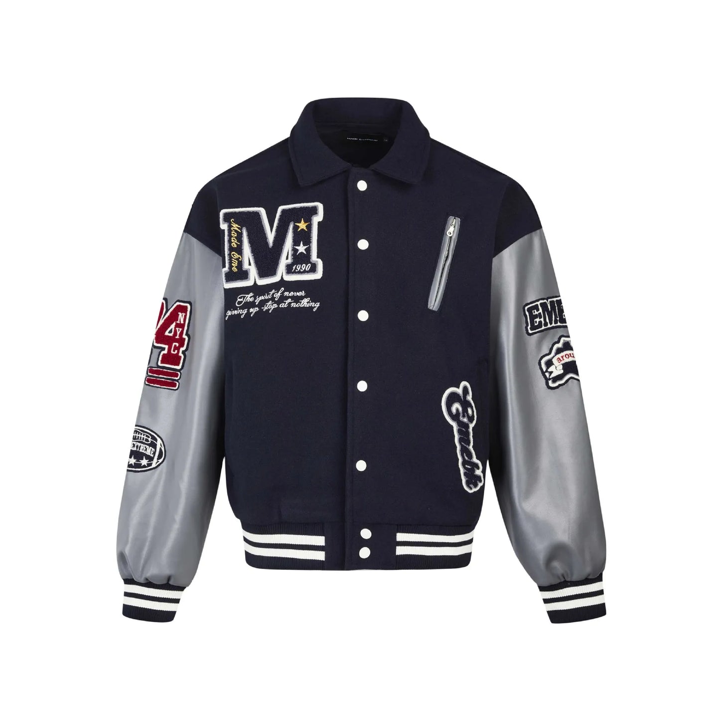 American Alphabet Embroidery PU Leather Sleeve Jacket