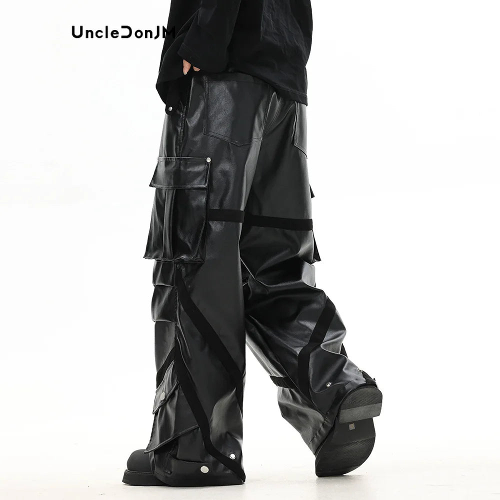 UNCLEDONJM Thickened High Street Pleated Baggy Leather Pants