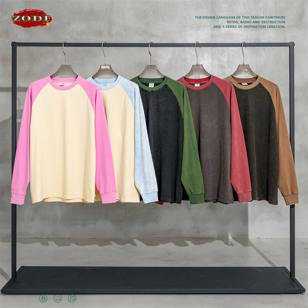 ZODF Washed Patchwork Retro Oversized Long Raglan Sleeve Cotton T-Shirts