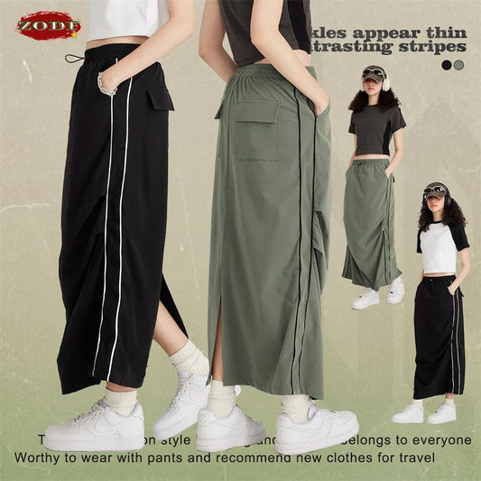 ZODF Pleated Split Woven Long Skirt