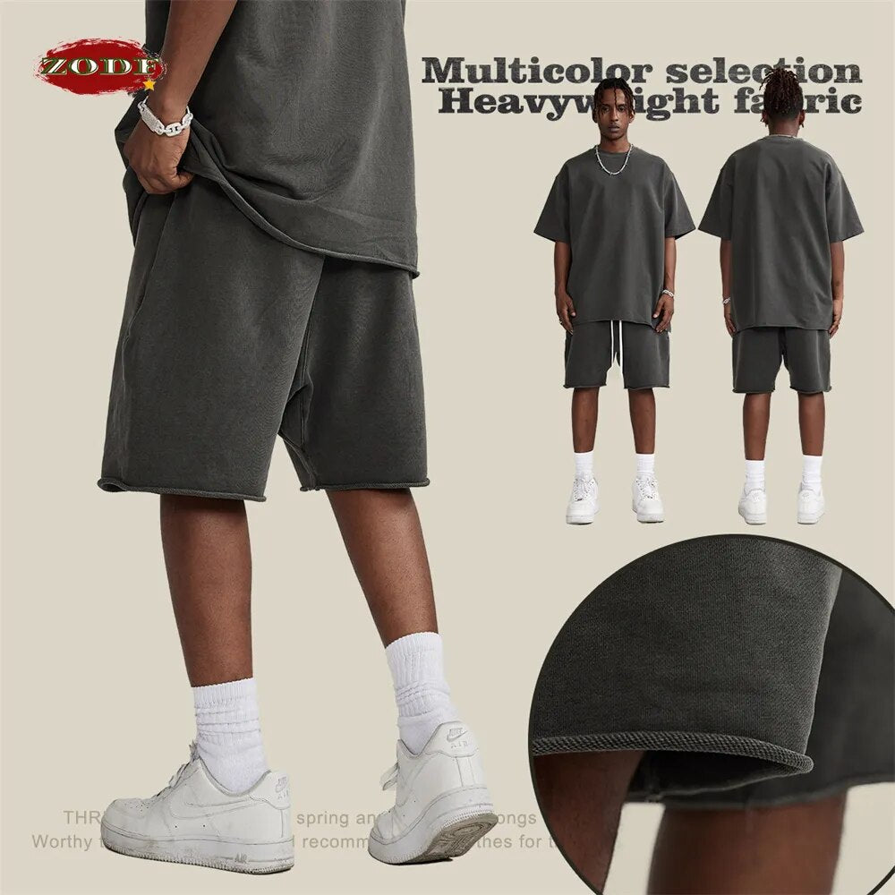 ZODF Retro Style Drawstring Loose Edge Knee Length Solid Cotton Shorts