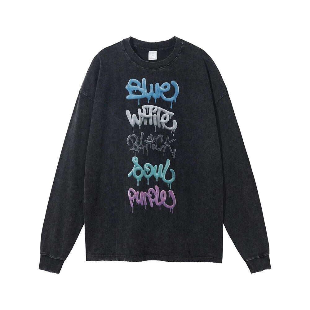 ZODF Washed Long Sleeve Letter Graphic Cotton T-Shirt