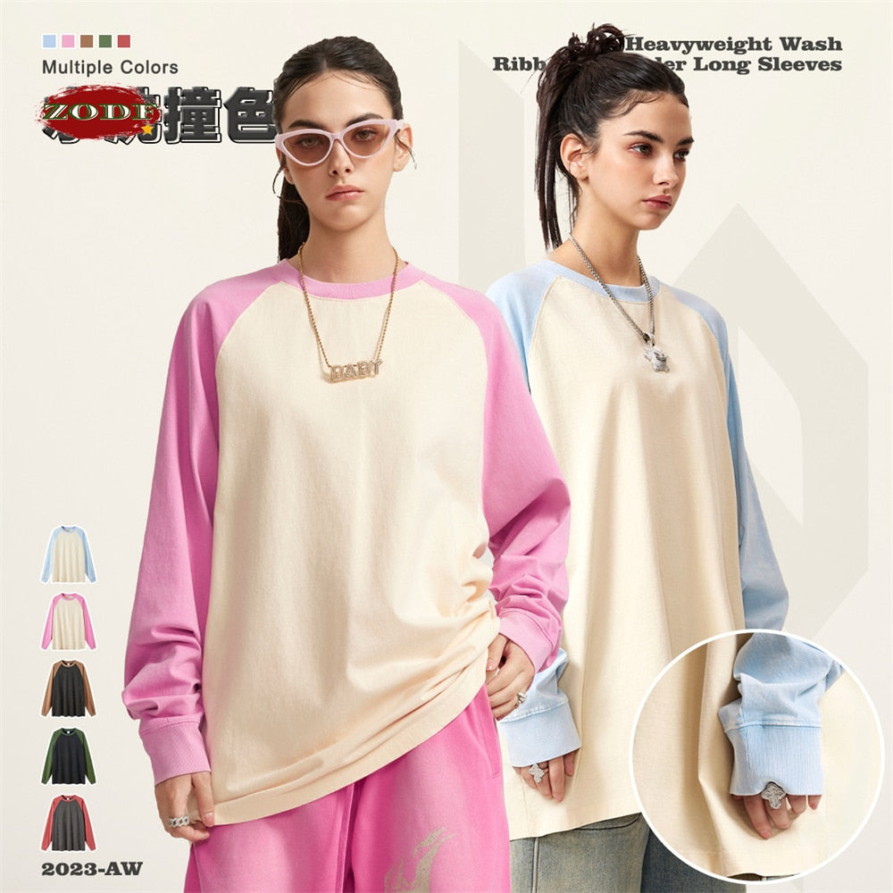 ZODF Washed Patchwork Retro Oversized Long Raglan Sleeve Cotton T-Shirts