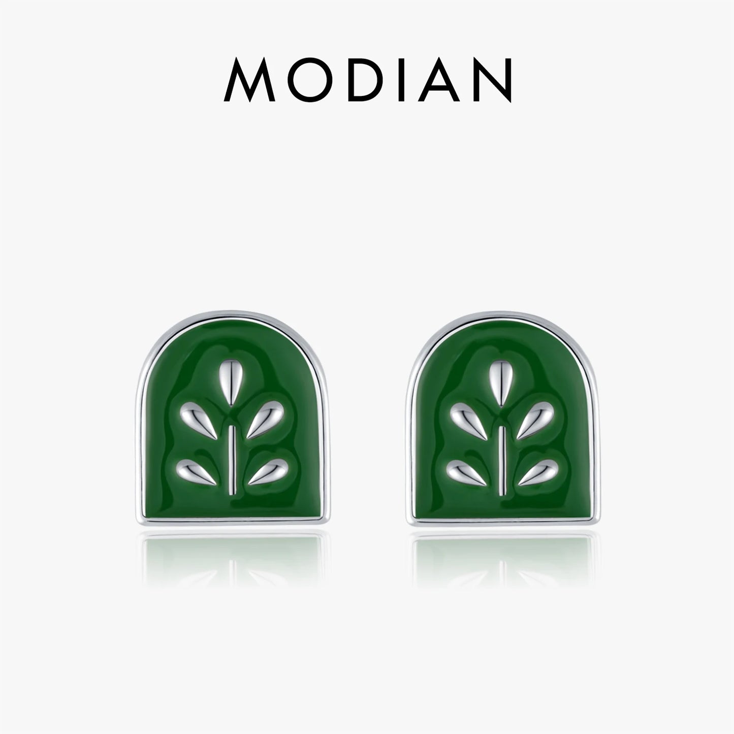 925 Sterling Silver Retro Exquisite Green Enamel Plant Badge Stud Earrings