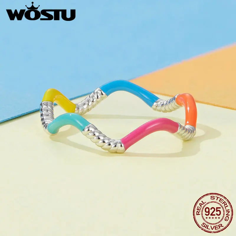 Solid 925 Sterling Silver Rainbow Wave Rings