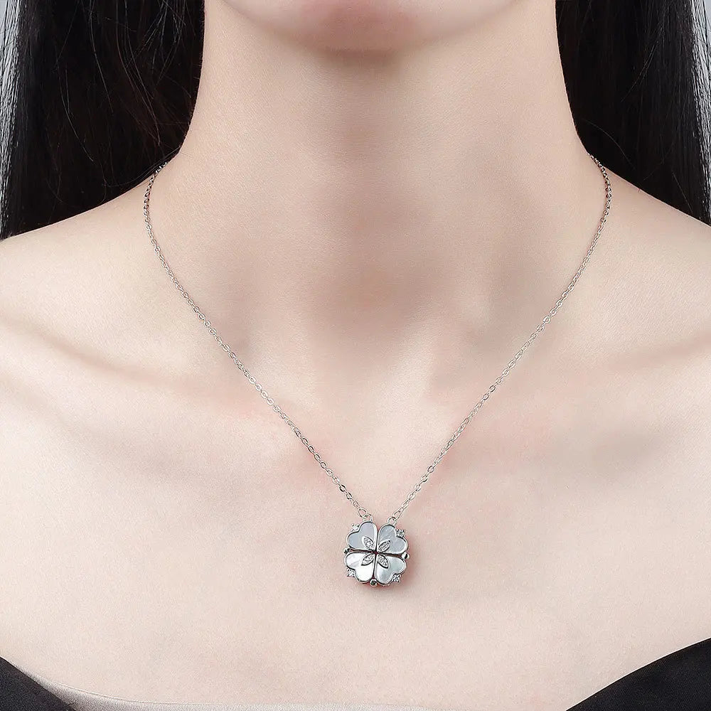 Four-Leaf Foldable lover Necklace Shell Zirconia Heart-Shaped Openable Necklace