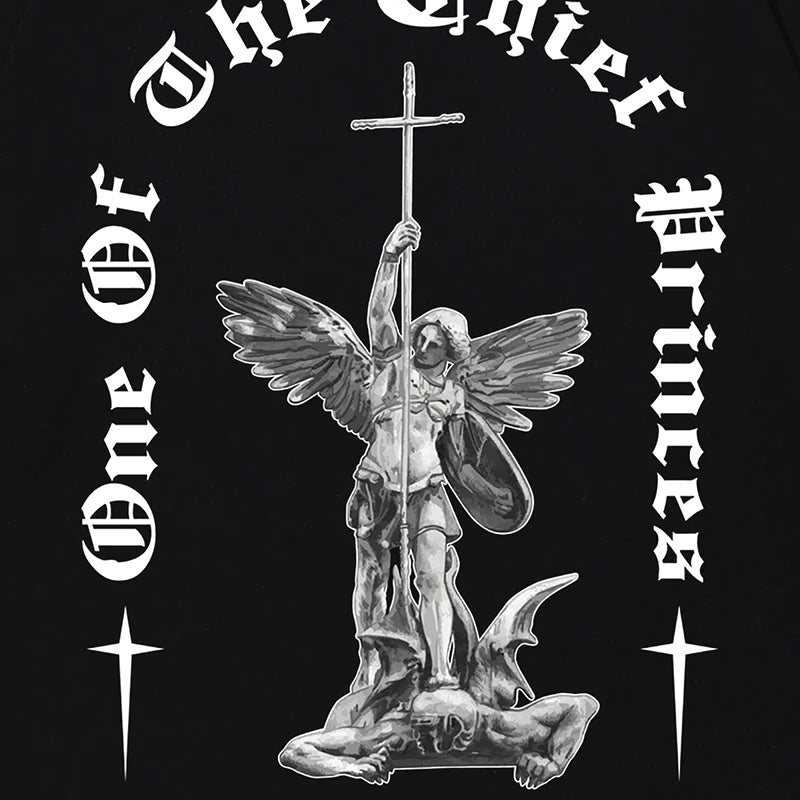 Cross Angel Statue Graphic Casual Black T-Shirt