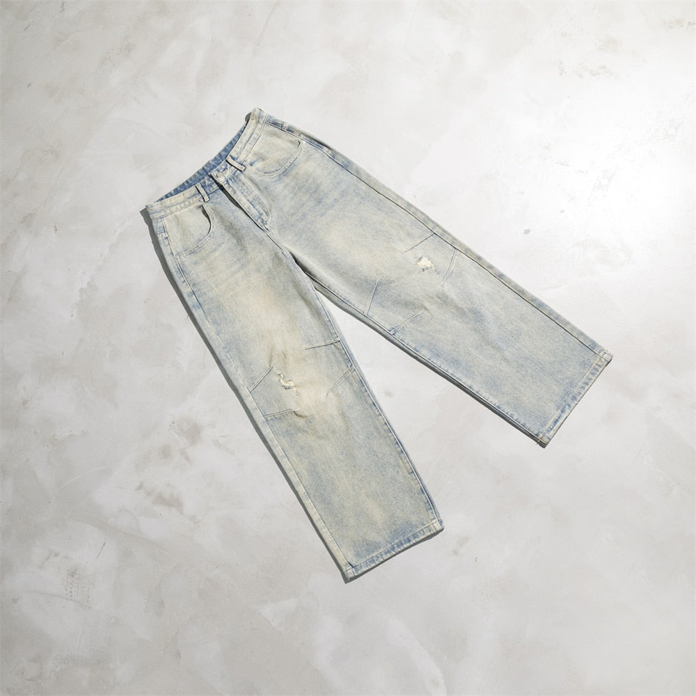 Monkey Washed Straight Ripped Distressed Jeans