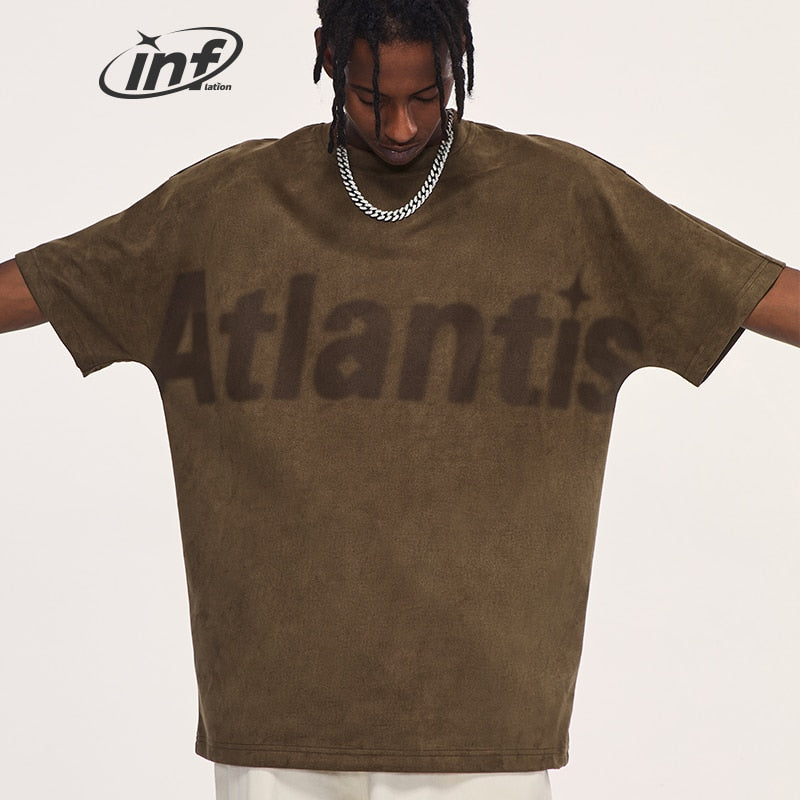 INFLATION Atlantis Lettering Vintage Brown Faux Suede Oversized T-shirt