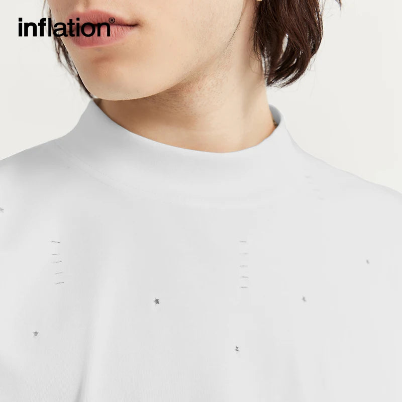 INFLATION Ripped Heavyweight Mock Neck Oversized Cotton T-Shirt