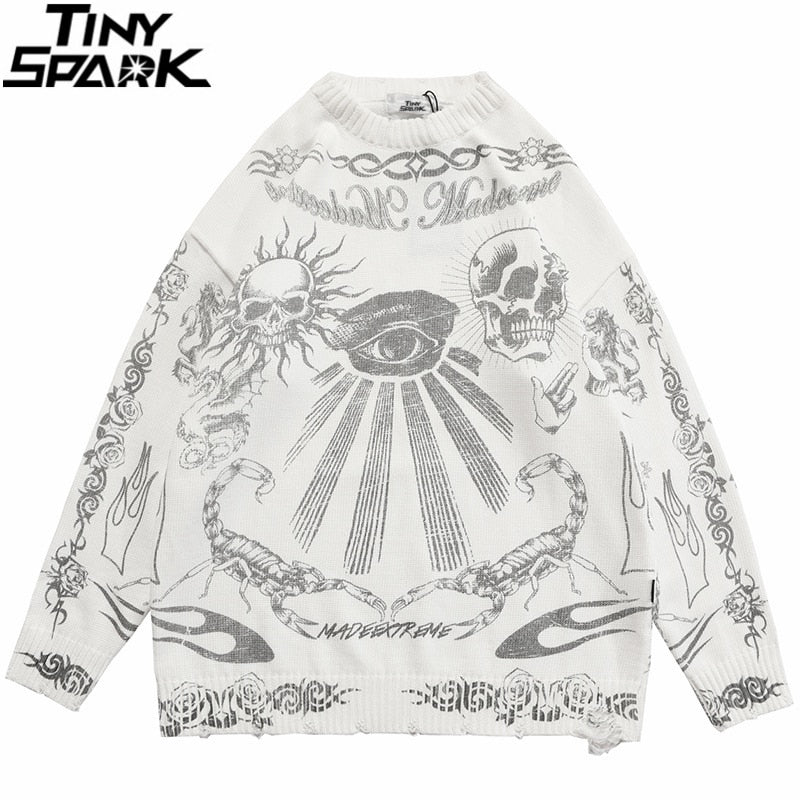 Rose Eye Scorpion Print Ripped Cotton Casual Knitted Sweater