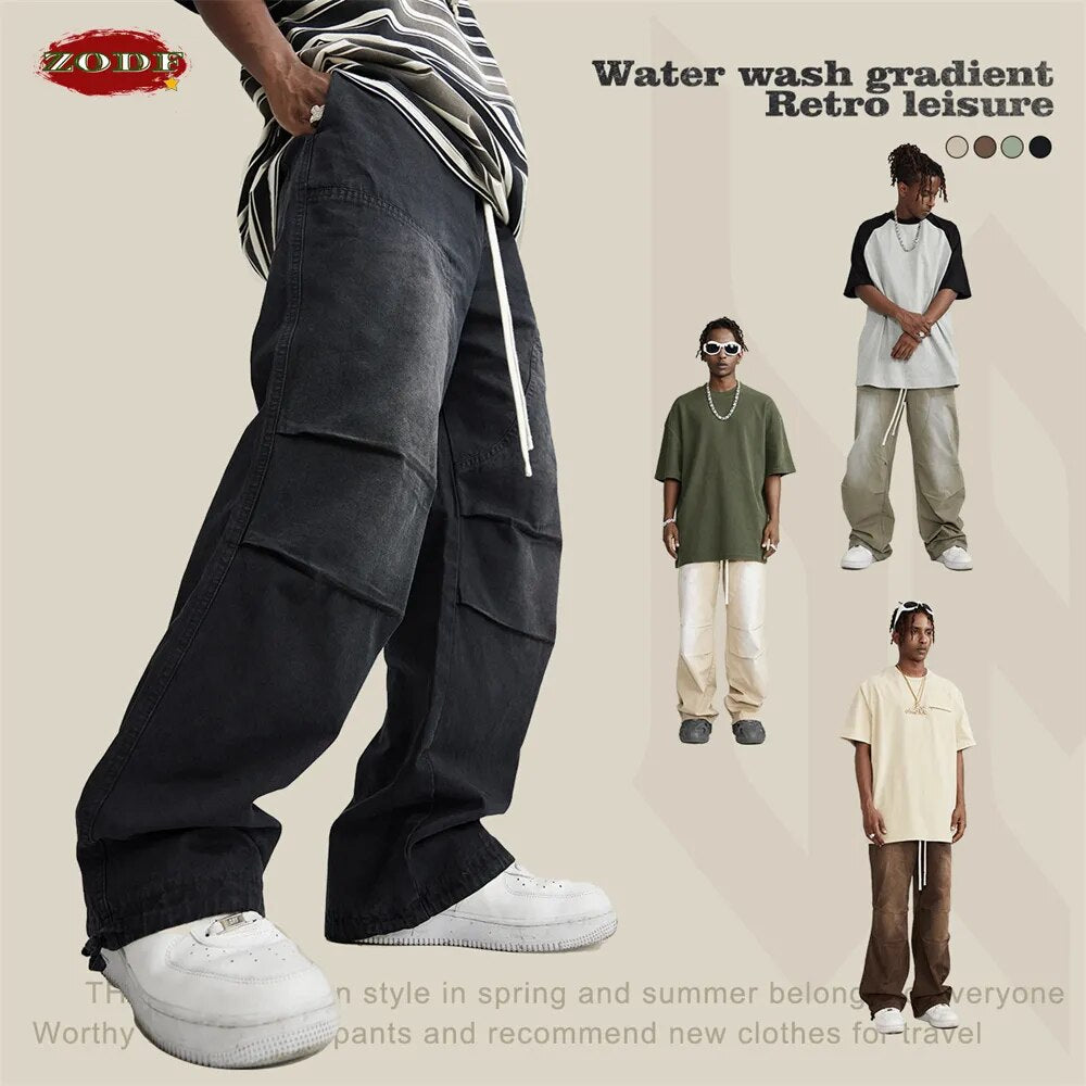 ZODF Cotton Loose High Street Monkey Washed Casual Cargo Trousers
